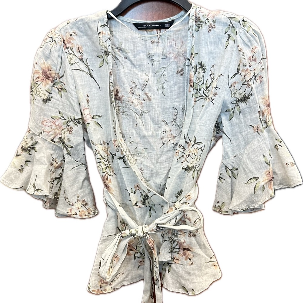 Zara Floral Linen Wrap Blouse - Cream, Pink and Green